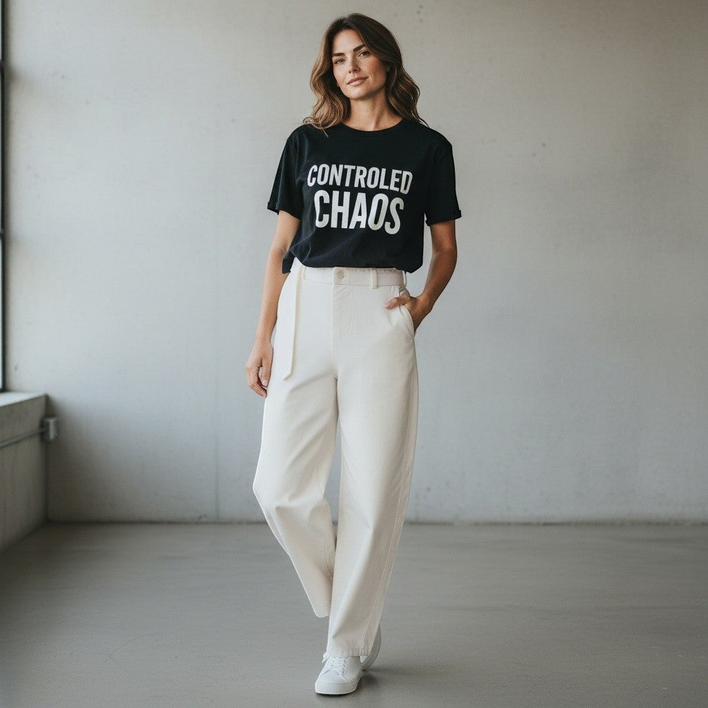 A woman wearing The Savage Mammoth beige cotton barrel-leg chino pants with a belted waist and white sneakers.