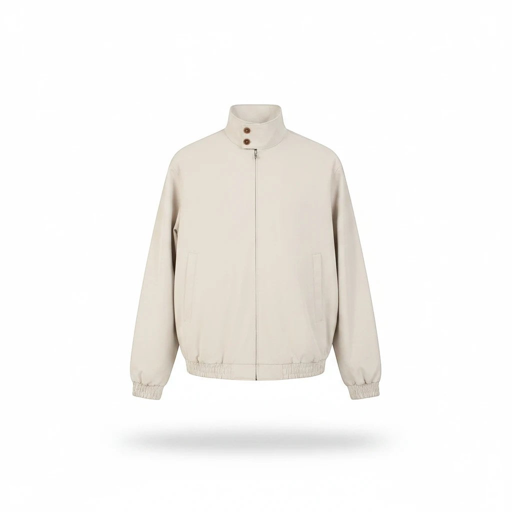The Savage Mammoth beige drop shoulder bomber jacket with a stand collar, zip-front, and button detail.
