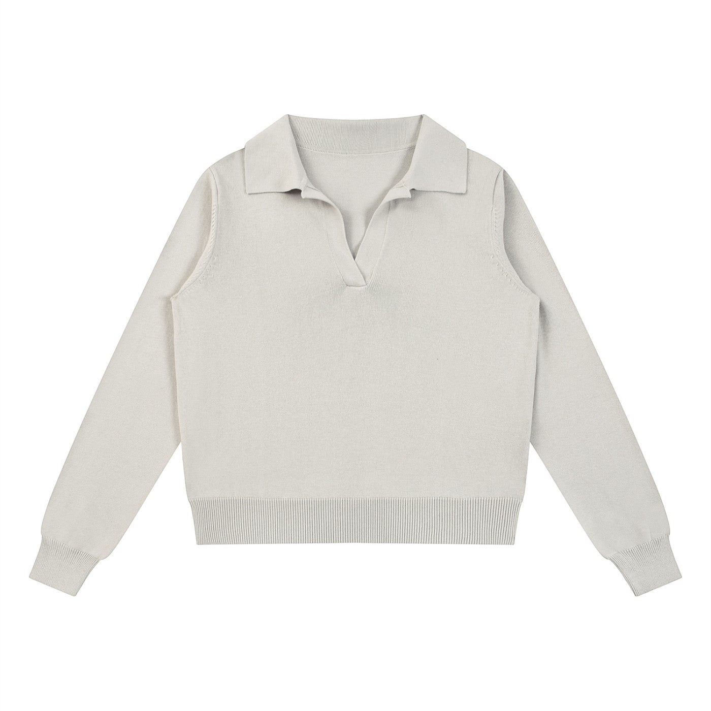 The Savage Mammoth women's beige collared pullover knit sweater with a V-neck and ribbed hem in a casual preppy style.