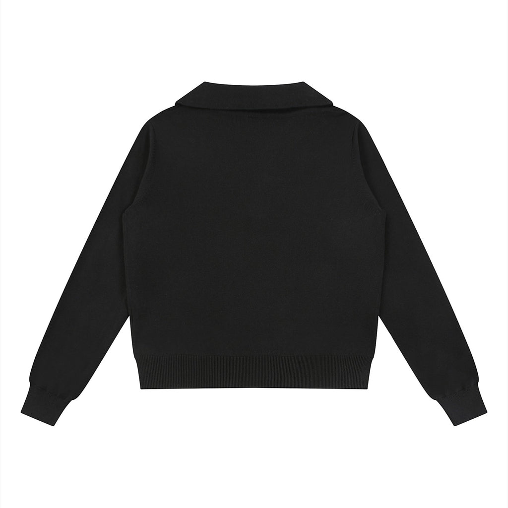 The Savage Mammoth black collared pullover knit sweater, back view, featuring a thick cotton-blend fabric.