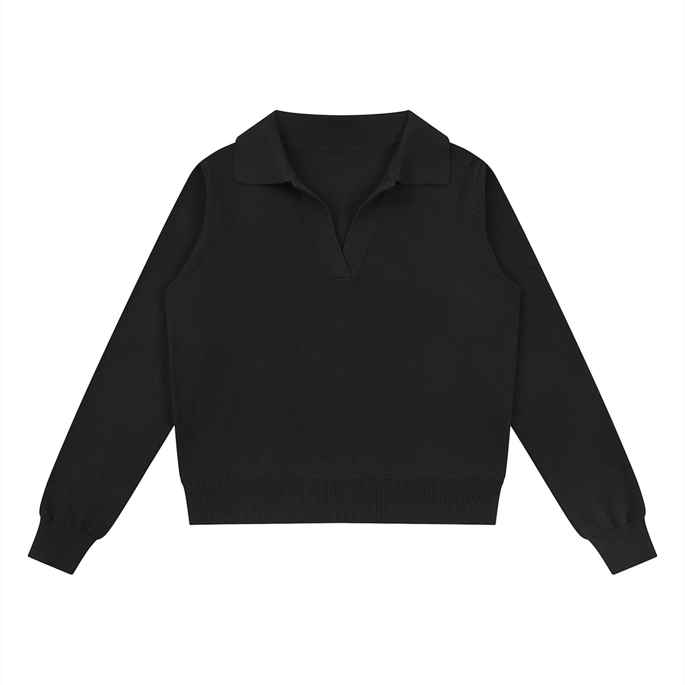 The Savage Mammoth black collared V-neck knit sweater in a thick cotton blend with ribbed hem and cuffs.