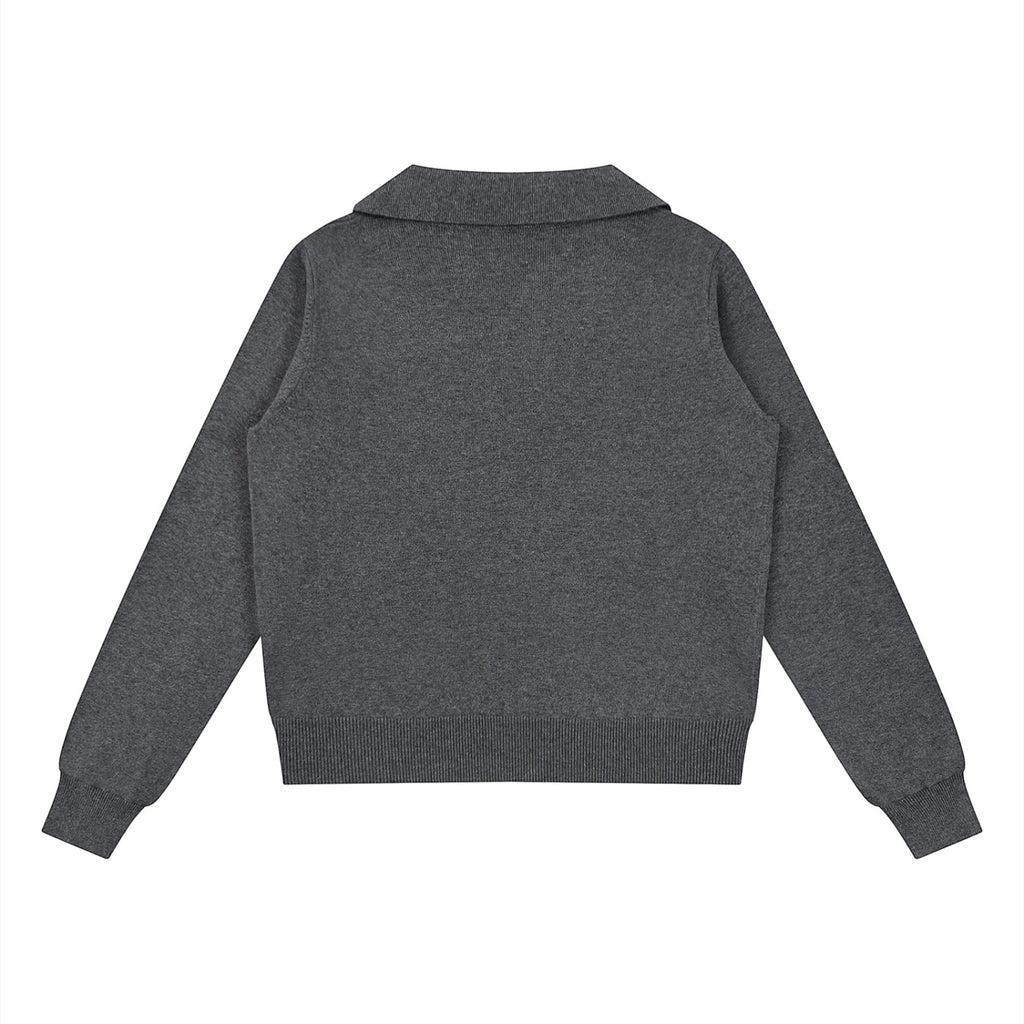 The Savage Mammoth women's charcoal grey collared knit pullover sweater with long sleeves and ribbed hem.