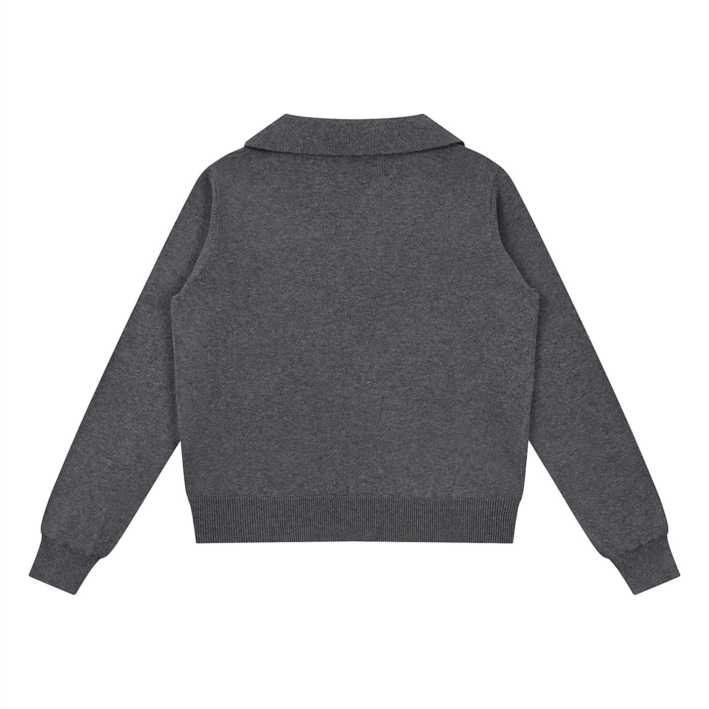 The Savage Mammoth women's charcoal grey collared knit pullover sweater with long sleeves and ribbed hem.