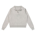 The Savage Mammoth women's grey collared pullover knit sweater with a V-neck and ribbed hem in a casual preppy style.