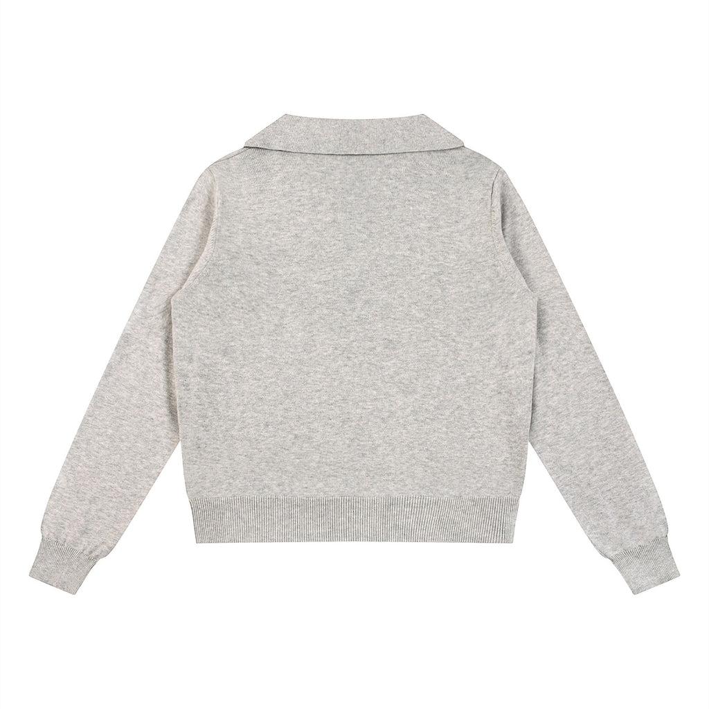 The Savage Mammoth women's grey collared knit pullover sweater with long sleeves and ribbed hem, back view.