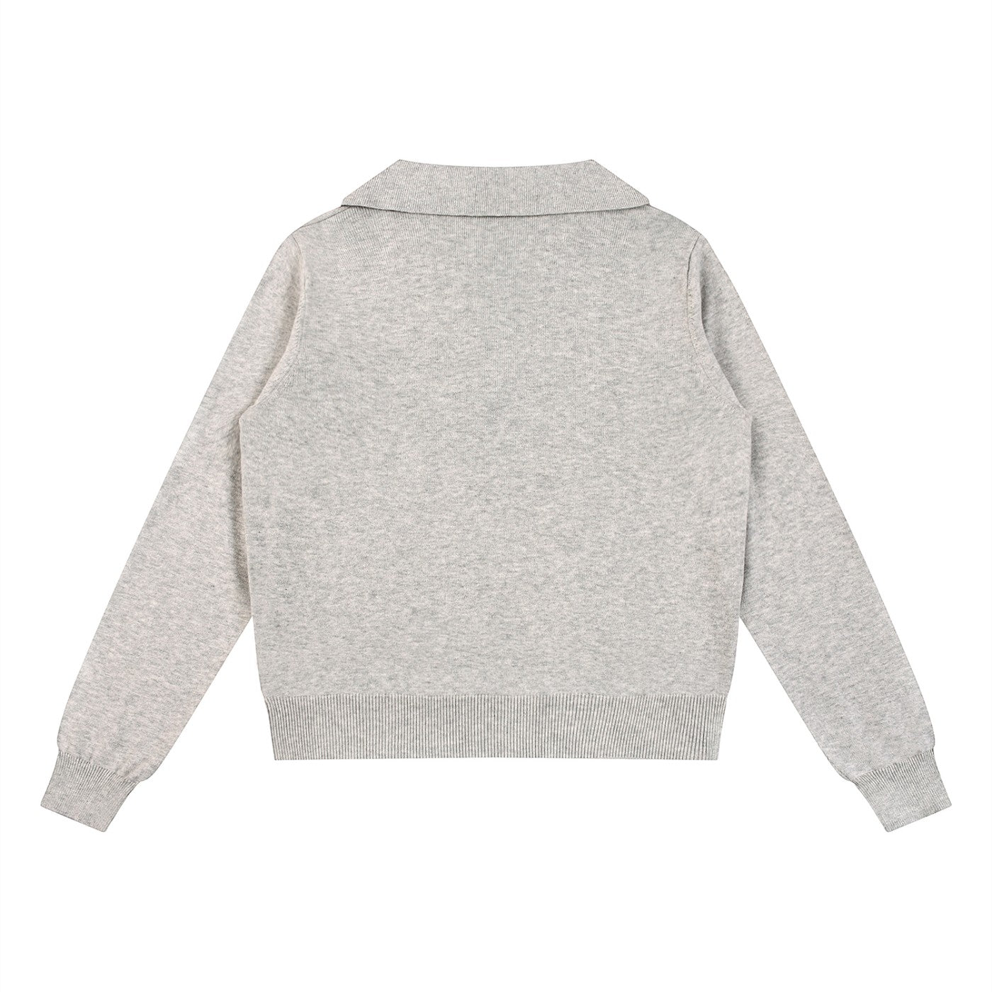 The Savage Mammoth women's grey collared knit pullover sweater with long sleeves and ribbed hem, back view.