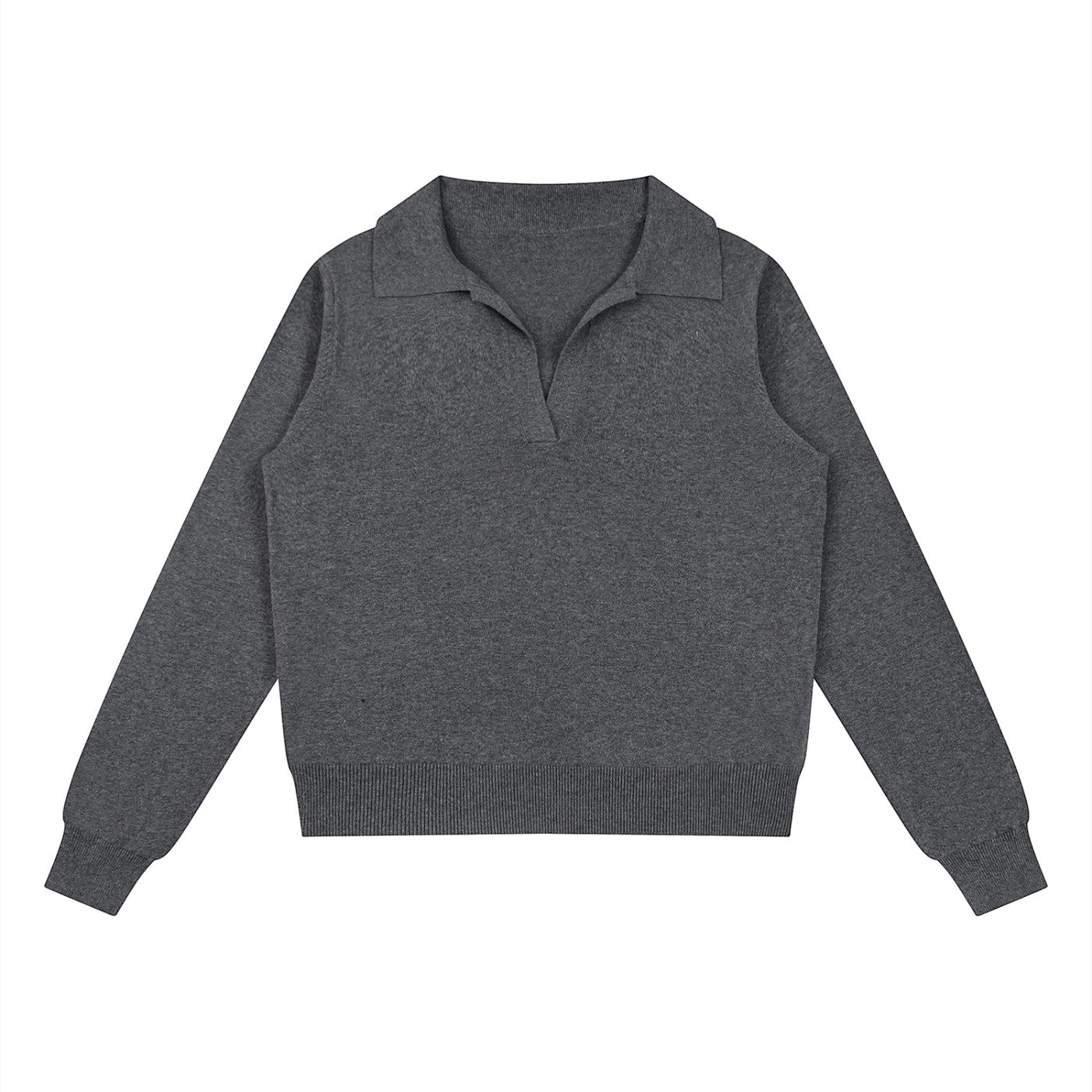 The Savage Mammoth women's dark grey collared pullover knit sweater in a casual cotton blend with a V-neck design.